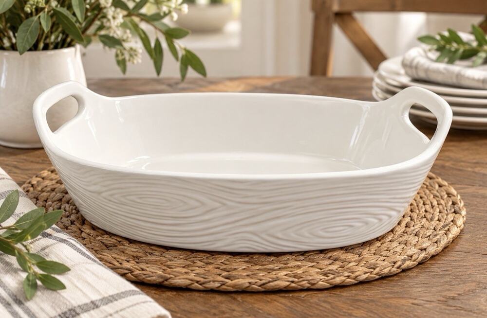 Temp-tations by Tara Woodland White Oval Baker 13.5” Ceramic Casserole Dish